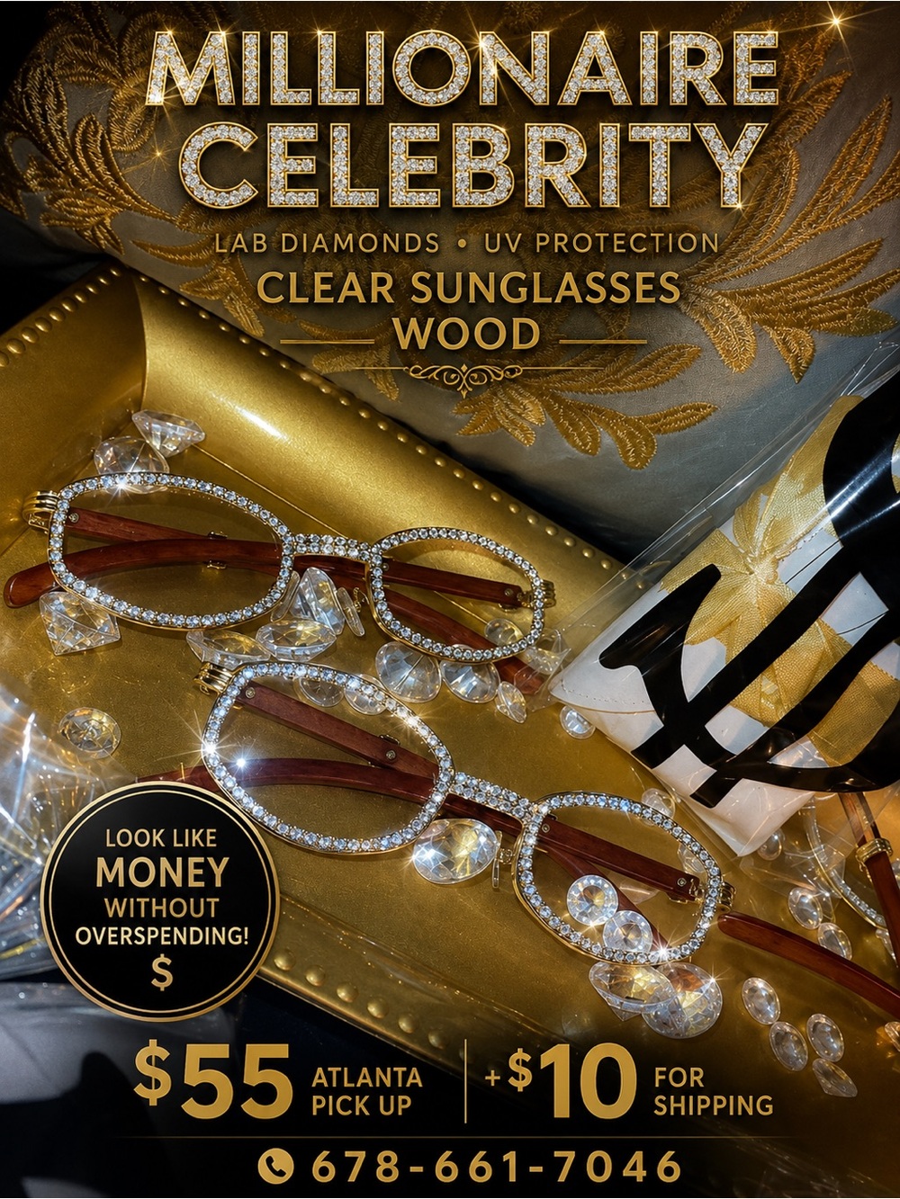 Millionaire Celebrity Lab Stones UV coat clear sunglasses wood.One